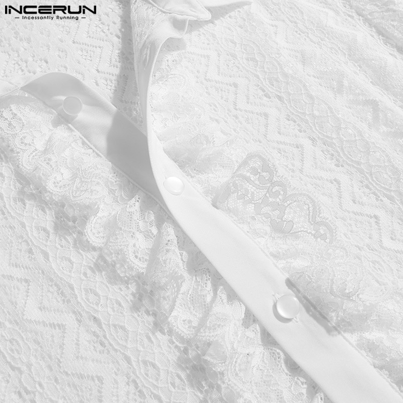 Áo sơ mi INCERUN dài tay phối ren lưới xuyên thấu phong cách Anh Quốc thanh lịch cho nam