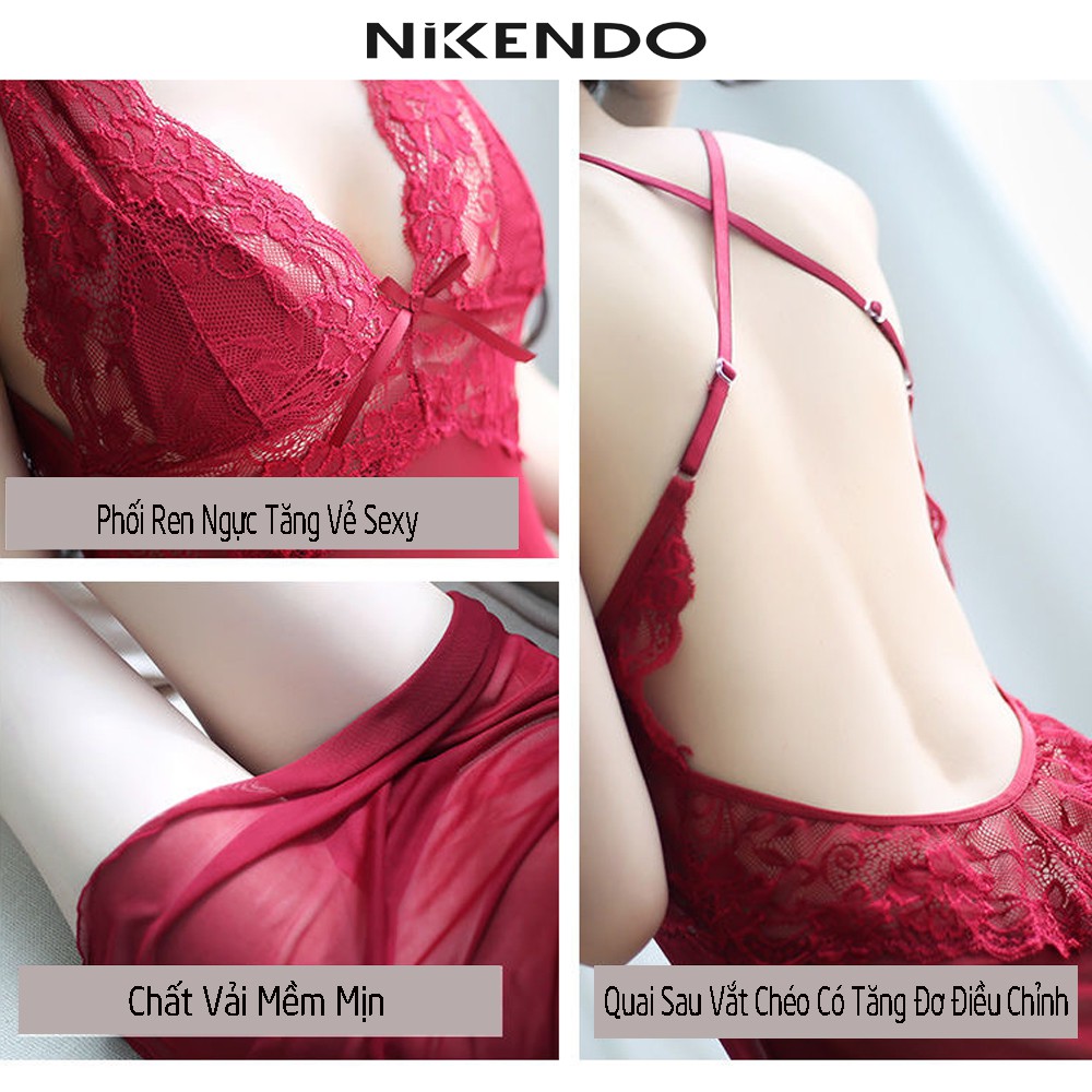 Váy Ngủ Sexy 2 Dây Ren Chéo Lưng ( hở lưng ) Chất Voan Cao Cấp Nikendo VA1