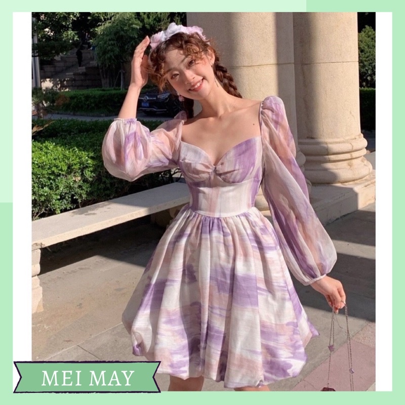Đầm tím xoè váy bồng tay dài ulzzang đủ size