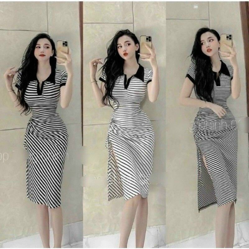 đầm gân sọc body cổ trụ kiểu rút sườn hot