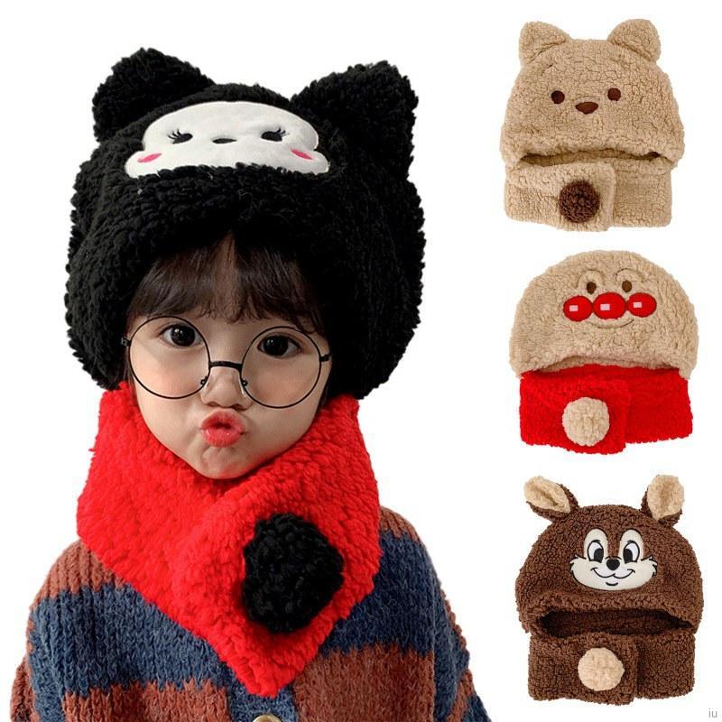 Nón Beanie Phối Khăn Choàng Cổ Họa Tiết Hoạt Hình Đáng Yêu Cho Bé