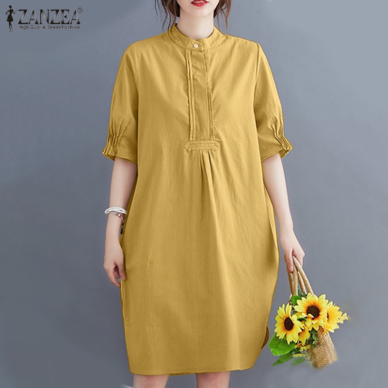 Zanzea Đầm Midi Tay Ngắn Dáng Rộng Cổ Đứng Phối Túi Kiểu Vintage Thời Trang Cho Nữ