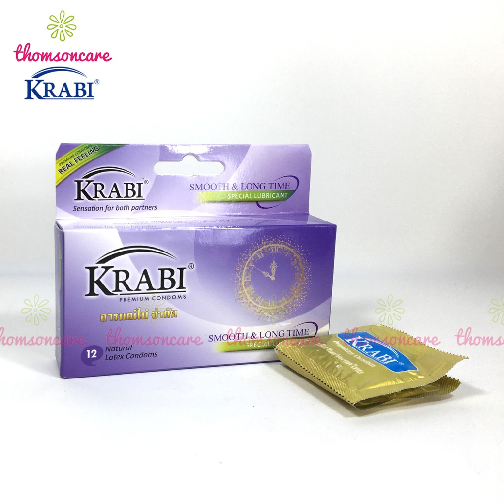 Bao cao su Krabi - bcs gân gai siêu mỏng, kéo dài thời gian bôi trơn, 49mm đôn dên - Hộp 12 chiếc condom từ Thái Lantốt