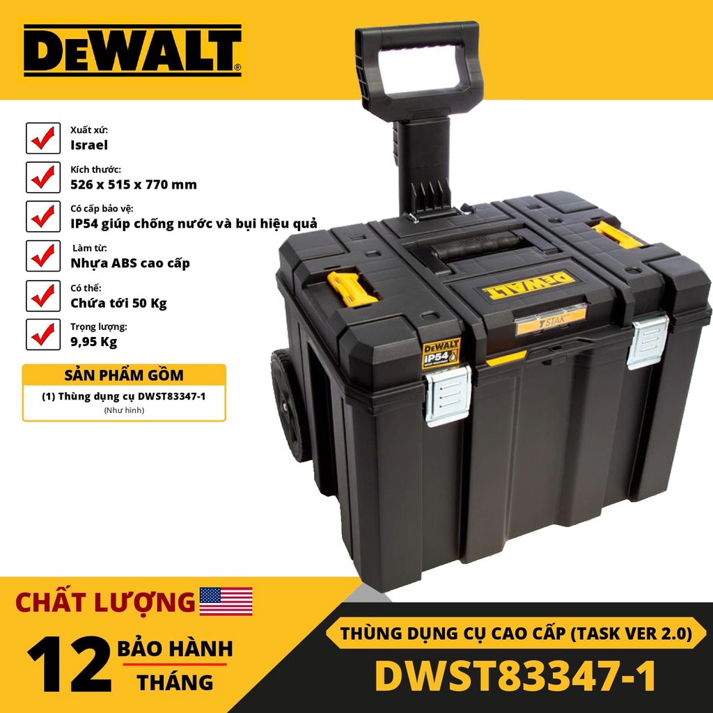 Hộp dụng cụ có tay kéo Dewalt DWST83347-1 | kích thước 526 x 515 x 770 mm, chất liệu nhựa ABS [CHÍNH HÃNG][XTOOLs]