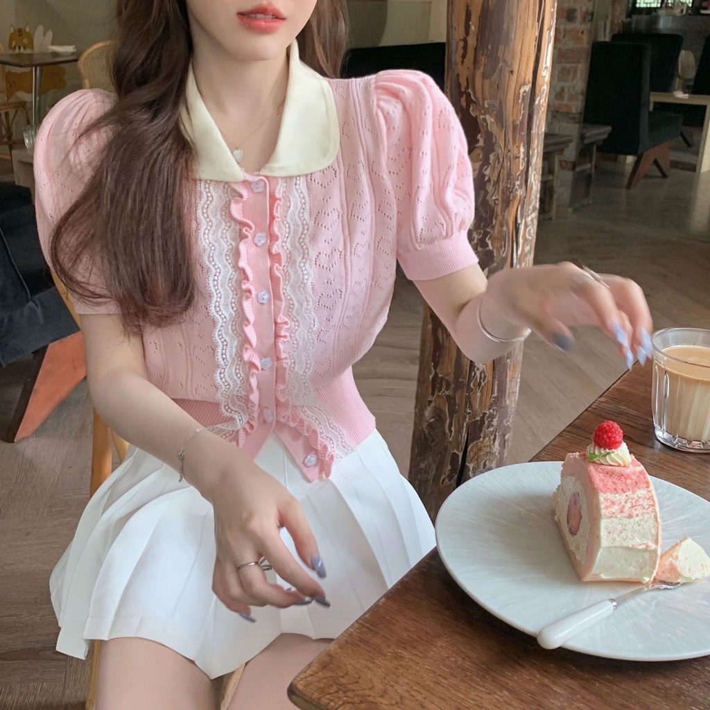 Áo Cardigan Dệt Kim Tay Ngắn Thiết Kế Lỗ Lưới Thời Trang Thanh Lịch Cho Nữ  tao bao