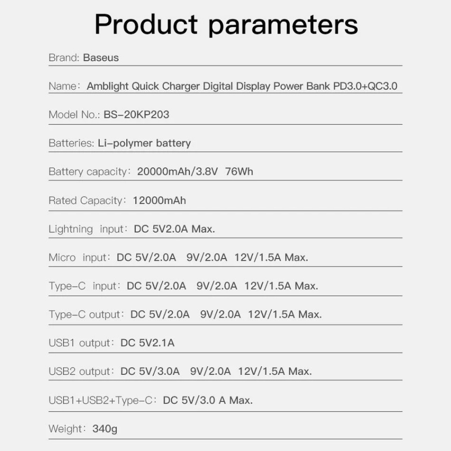 Pin sạc dự phòng Baseus Amblight, sạc nhanh 3.0 PD/QC, 2 cổng USB + Type C in/out, pin 20000mAh/ 30000mAh 18W/ 33W LV529