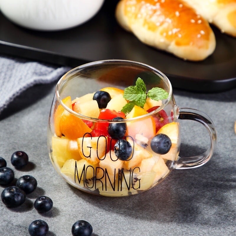 Ly thủy tinh dễ thương uống nước cute GOOD MORNING 350 ml Cốc thủy tinh chịu nhiệt có quai decor