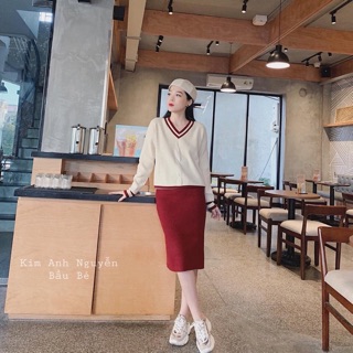 Bán sỉ set váy len + áo cổ tim