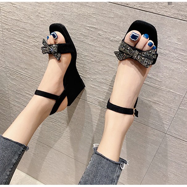 Sandal đế xuồng nơ đá gót cao 8cm size 34/40   220621 TP5