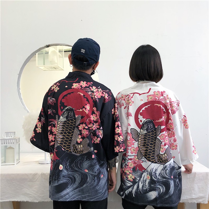 Hình Thật ÁO KHOÁC KIMONO PHONG CÁCH HAORI HAPPI HỌA TIẾT RỒNG CÁ CHÉP NHẬT BẢN HỒNG HẠC CHIM SẾU