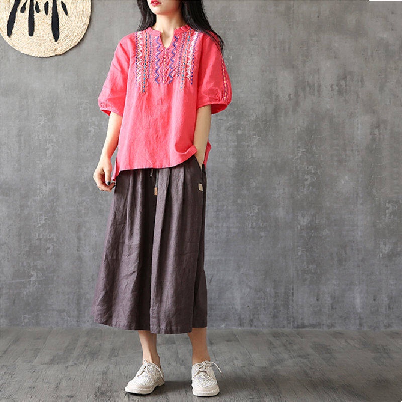 Áo Thun Tay Ngắn Cổ Chữ V Dáng Rộng Phong Cách retro Dễ Phối Đồ Thời Trang Mùa Hè Cho Nữ