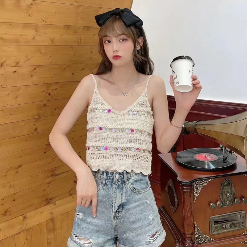 Youyo Áo Croptop Dệt Kim Hai Dây Tua Rua Đính Kim Sa Phong Cách Boho Mùa Hè Cho Nữ