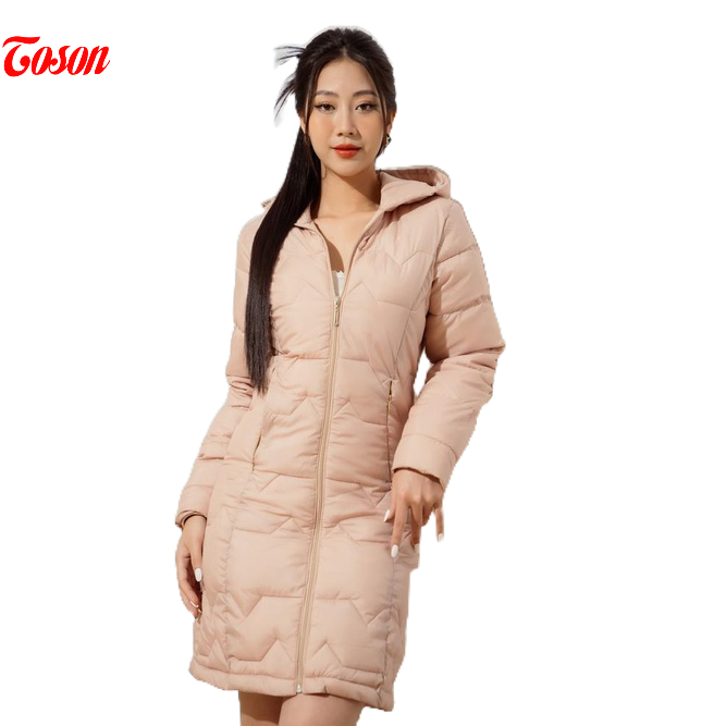 Áo phao Be da mờ, dáng dài, túi chéo có mũ Toson AKD21E32