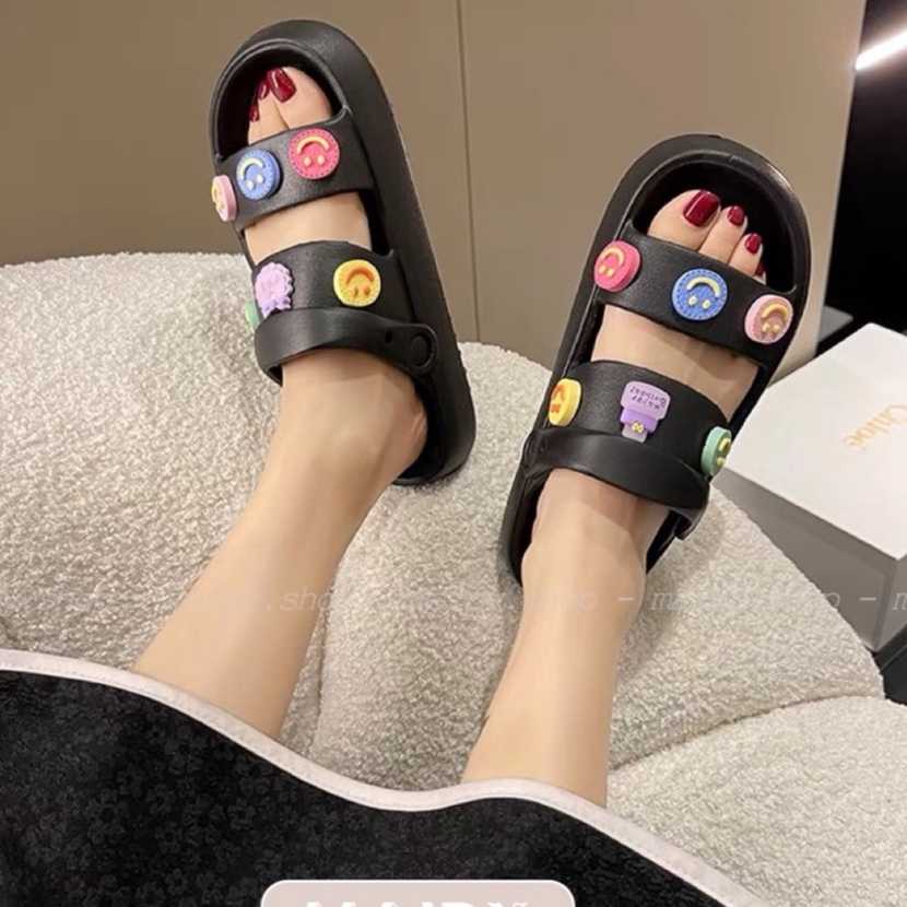 Giày sandal bánh mì 2 quai ngang mặt cười chất cao su êm chân đi mưa chống trơn Maipy GL069