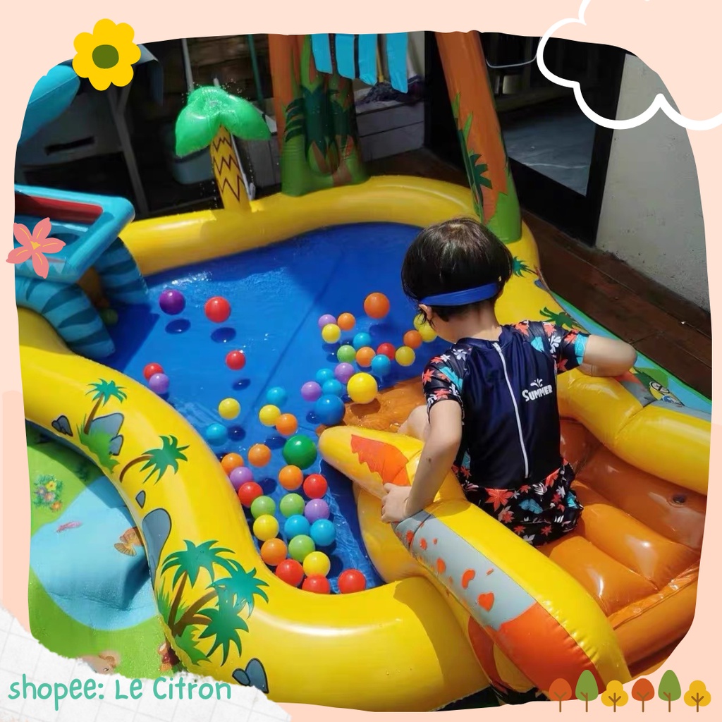 Bể bơi trẻ em phao bể bơi cầu trượt cho bé mẫu khủng long núi lửa phun nước