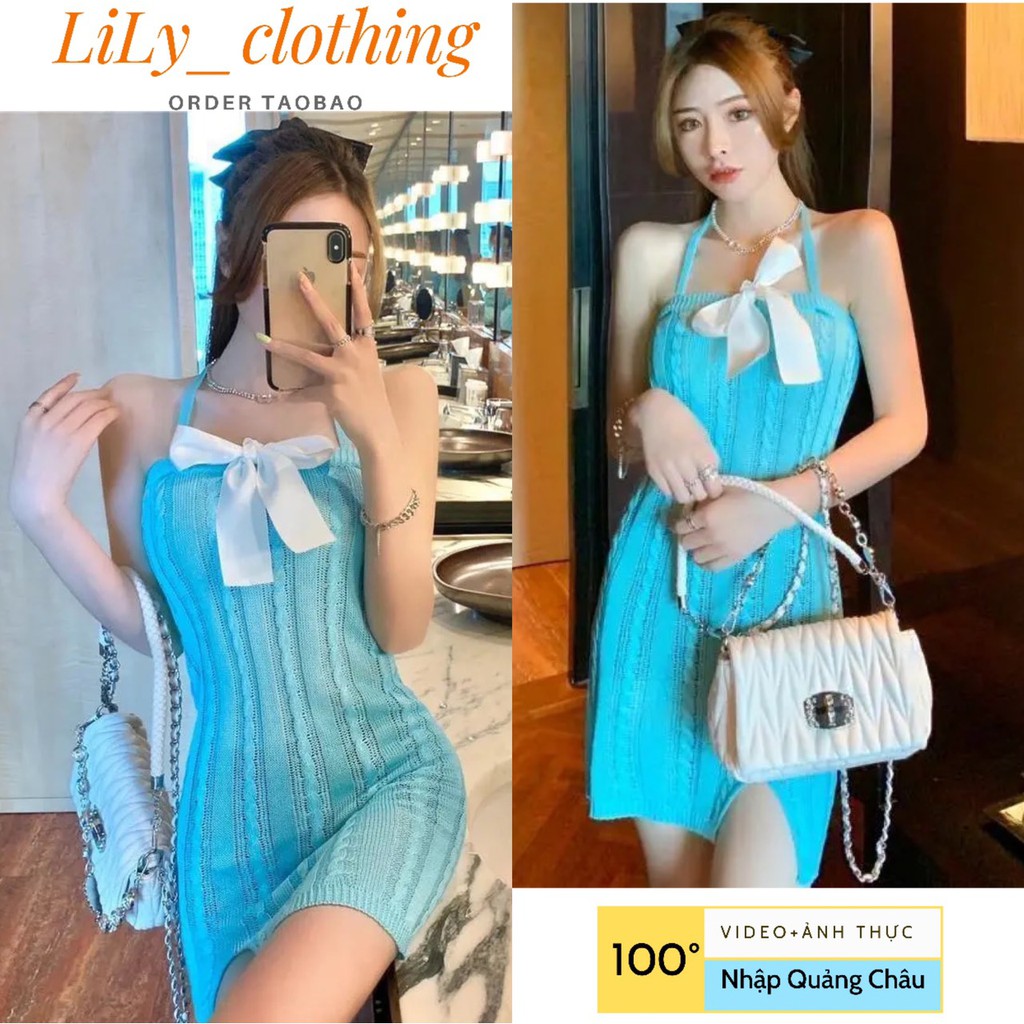 Váy body nữ mongtoghi cổ yếm [QUẢNG CHÂU+VIDEO] Đầm ôm xanh đính nơ len mỏng sexy quyến rũ nhập taob