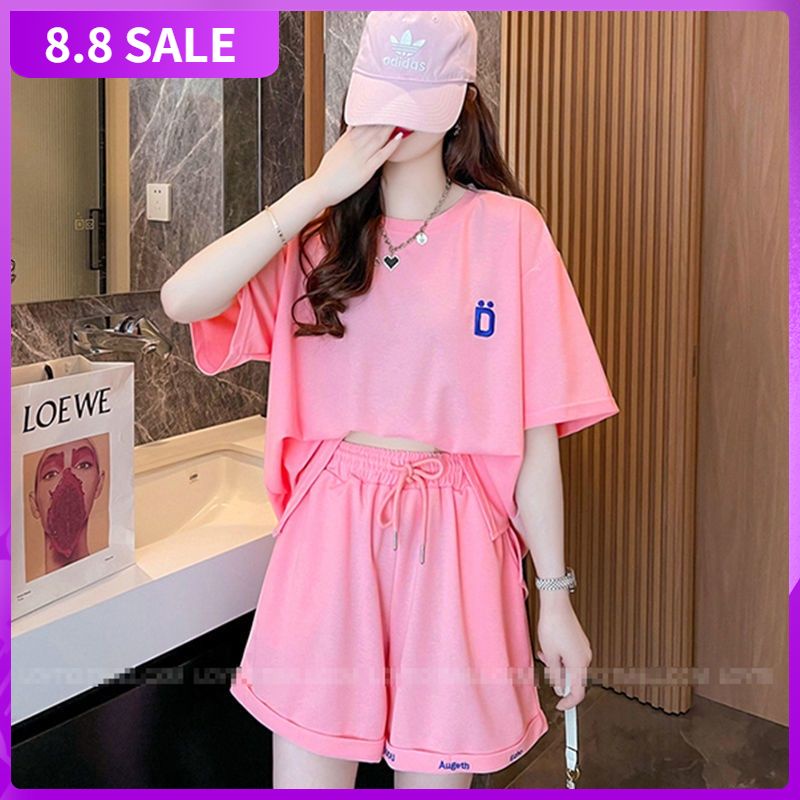 Leisure sports suit female 2021 new Korean summer dress net red loose large size thin short sleeved shorts two-piece set