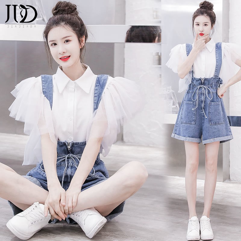 ✢∋✴2021 summer new Korean version of age-reducing waist waist denim overalls shorts super fairy yarn sleeve shirt two-piece suit female is thin