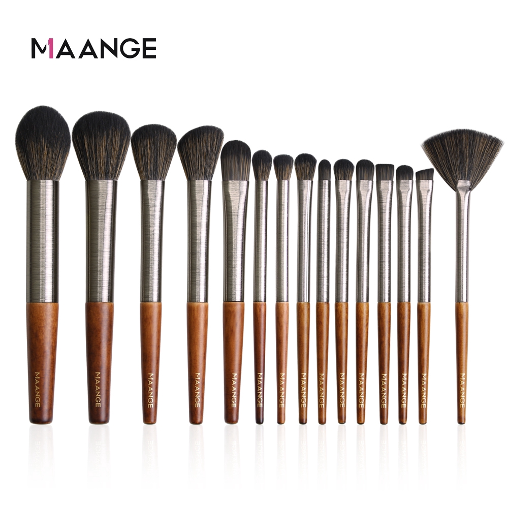 Bộ 15 cọ trang điểm chuyên nghiệp MAANGE từ sợi len vi tinh thể với tay cầm bằng gỗ