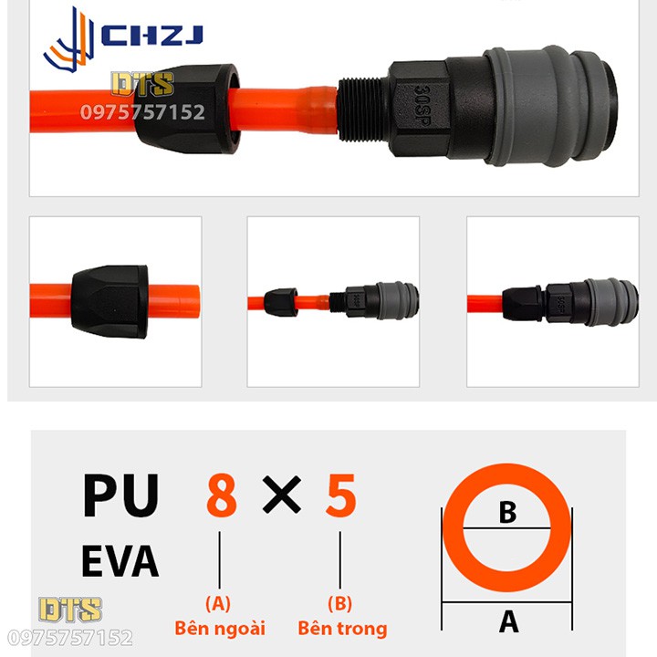 Bộ đầu nối nhanh dây hơi CHZJ 20SP+20PP khớp nối nhanh tự động khóa bằng nhựa thép đặc chủng chống va đập thao tác 1 tay