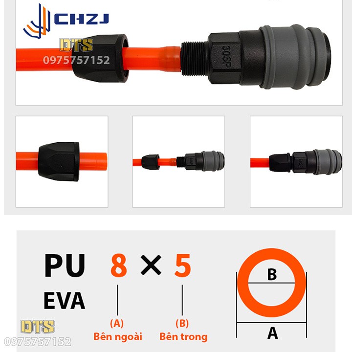 Bộ đầu nối nhanh dây hơi phi 8 CHZJ 20SP+20PP khớp nối nhanh tự động khóa bằng nhựa thép đặc chủng chống va đập