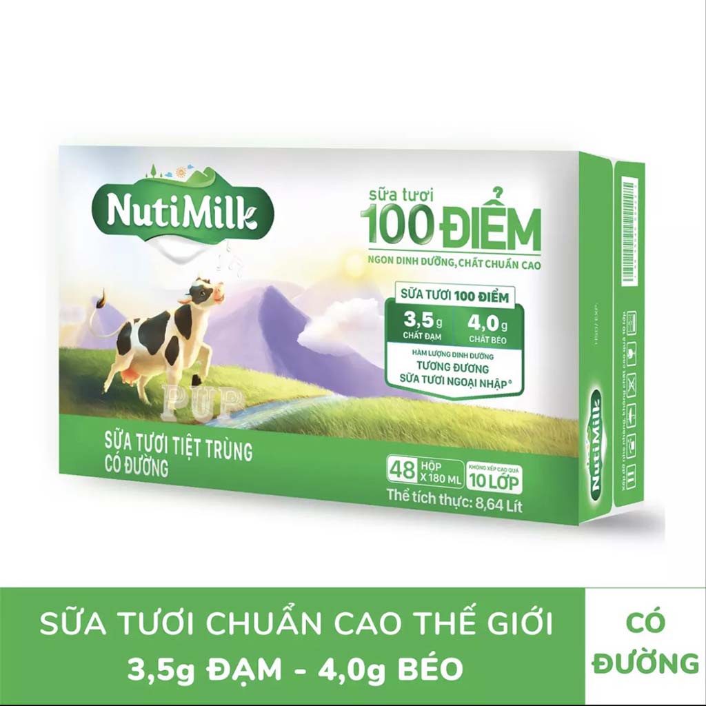 Thùng 12 Lốc Sữa Tươi Tiệt Trùng 100 Điểm Có Đường Nutimilk 180ml