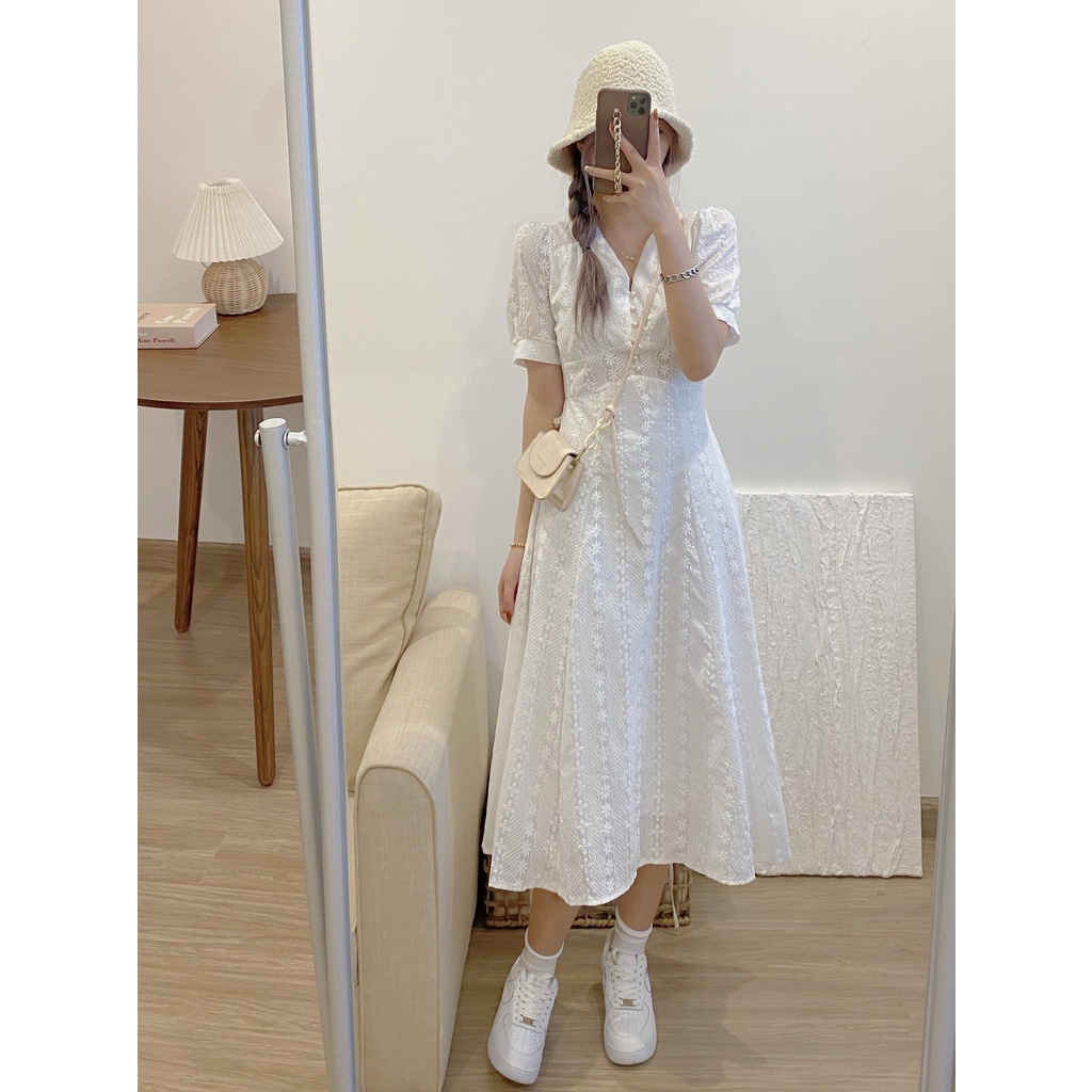 Váy Trắng Cổ V Cúc Ngọc 2 Lớp Ren