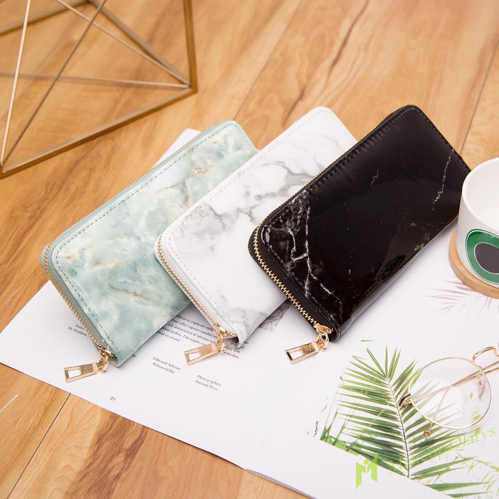 【New Arrival】Creative Casual Women Marble Patent Leather Long Clutch Zipper Coin Wallets