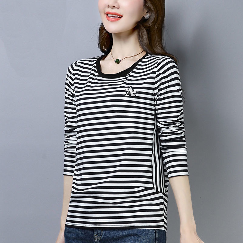 Áo Thun Tay Dài Họa Tiết Kẻ Sọc Phong Cách Phương Tây Thời Trang Mùa Thu Mới Cho Phụ Nữ Trung Niên