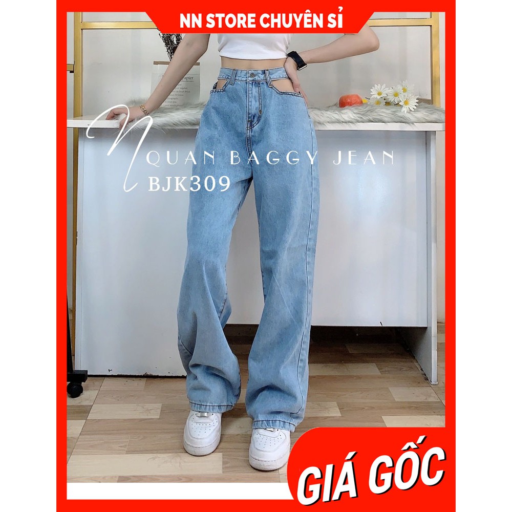 Quần baggy ống rộng suông Quần dài suông nữ chất jean cao cấp lưng phối kiểu dễ thương BJK baggy jean tổng hợp