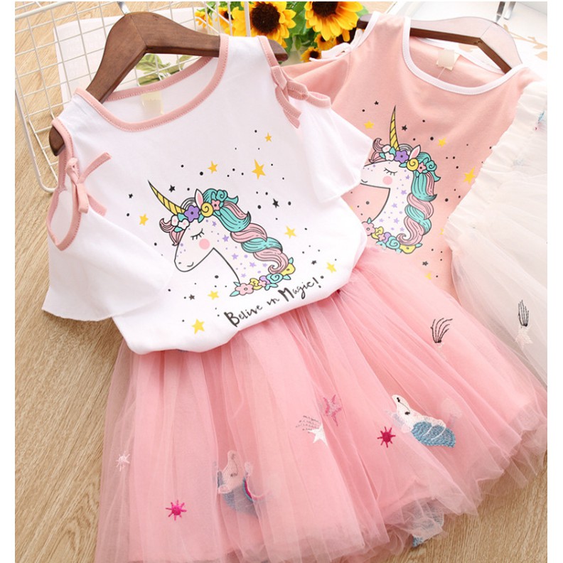 Bộ Trang Phục 2 Mảnh Gồm Áo Thun + Chân Váy + Băng Đô Thời Trang Cho Bé Gái