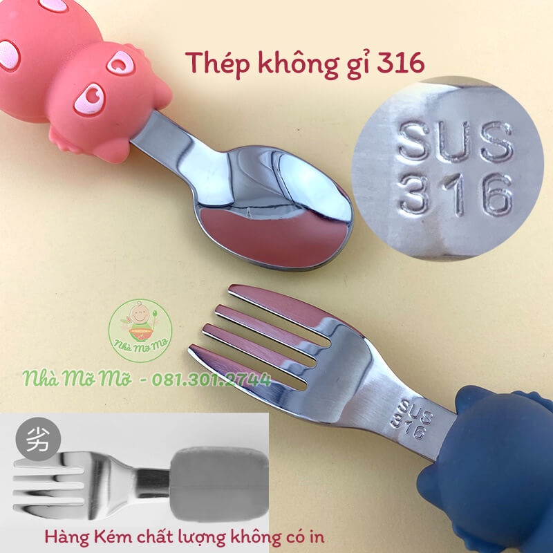 Muỗng nĩa cán ngắn cho bé thìa dĩa cán ngắn tập múc ăn hình gấu - Nhà Mỡ
