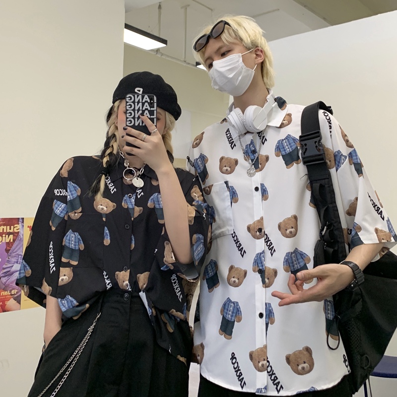 Áo sơ mi nam nữ form rộng hàn quốc tay lỡ unisex in hình gấu ulzzang Yinxx ASM04