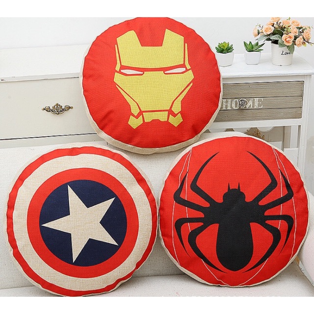 Gối tựa sofa, gối tựa ghế văn phòng, gối decor trang trí hoạ tiết iron man người nhện (gối tròn chưa kèm ruột)
