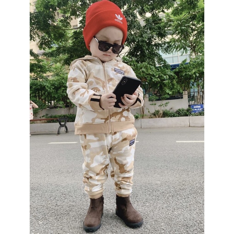 Bộ khoác nỉ bé trai - Bộ nỉ Adidas rằn ri có mũ cho bé trai size 3-8t