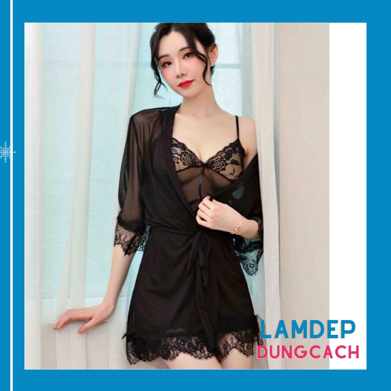 Bộ váy ngủ nữ sexy gợi cảm xuyên thấu Đầm ngủ sexy ren voan kèm áo choàng thắt dây Freesize LAMDEPDUNGCACH CT-1083