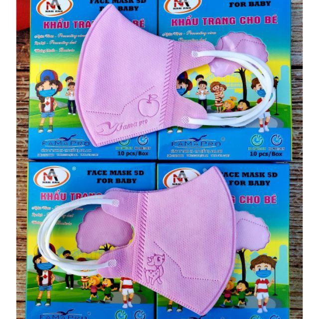 (Made in Vietnam) Hộp 10 khẩu trang trẻ em 5D kháng khuẩn cao cấp Famapro (Cty Nam Anh) (Cho Bé từ 4 tháng đến 4 tuổi)