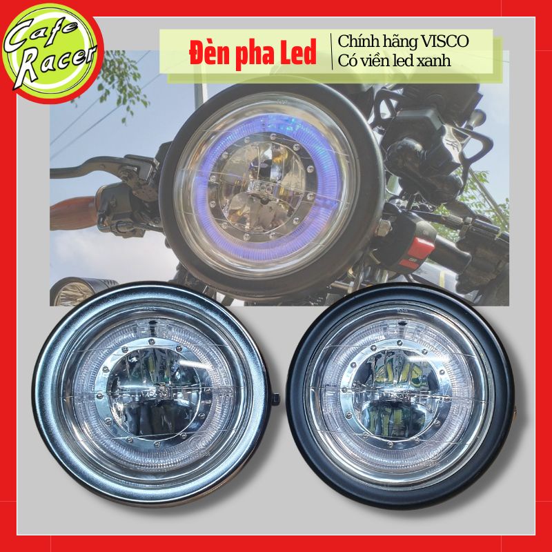Đèn pha led viền xanh gáo sắt sơn tĩnh điện đen hoặc mạ crom sáng với mặt kính trong phủ sáng rộng
