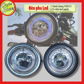 Đèn pha led viền xanh gáo sắt sơn tĩnh điện đen hoặc mạ crom sáng với mặt kính trong phủ sáng rộng