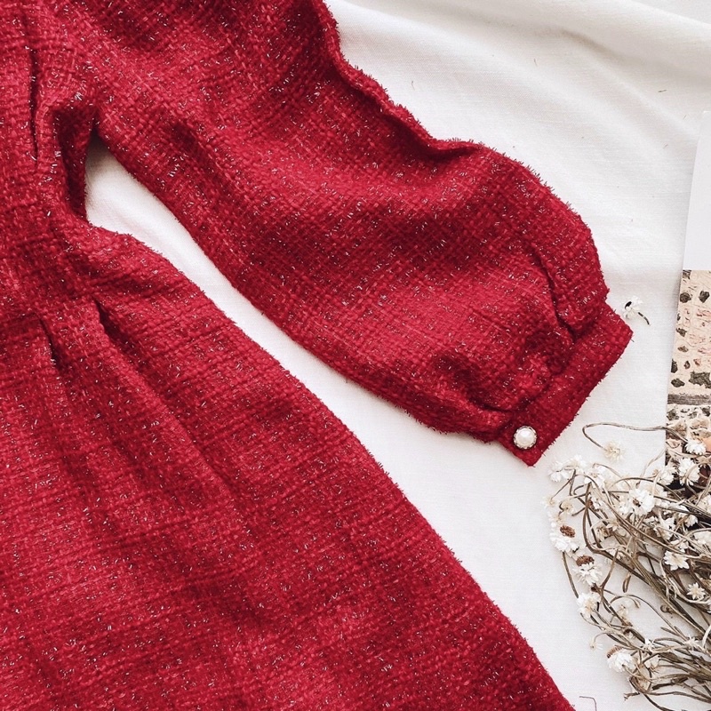Đầm dạ đỏ nhún eo,đầm dự tiệc,đầm noel,váy dạ cực xinh cực chuẩn tôn dáng