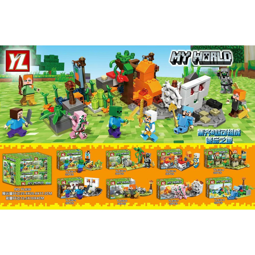 Đồ chơi lắp ráp Lego YL 836 My World Xếp Hình Minifigures Minecraft trọn bộ 8 hộp như hình