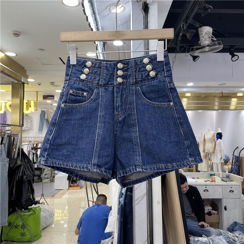High waist, slim, fat MM denim shorts girls summer 2022 Korean version of the new a-shaped wide-leg hot pants