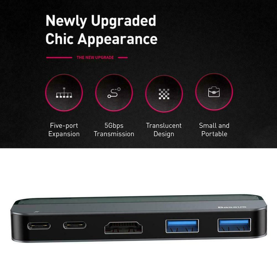 Bộ USB C Hub Baseus 5 in 1 mở rộng cổng kết nối USB 3.0, HDMI, Thunderbolt 3,cho Macbook Pro từ 2017