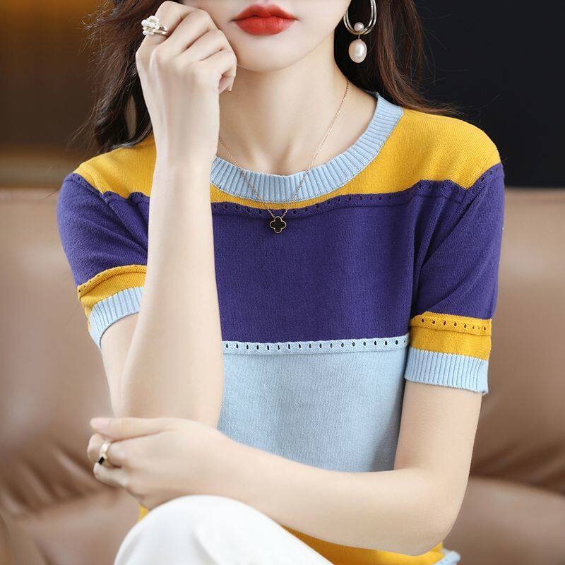 Áo Thun Dệt Kim Tay Ngắn Cổ Tròn Thời Trang Mùa Hè Phong Cách Hàn Quốc Cho Nữ