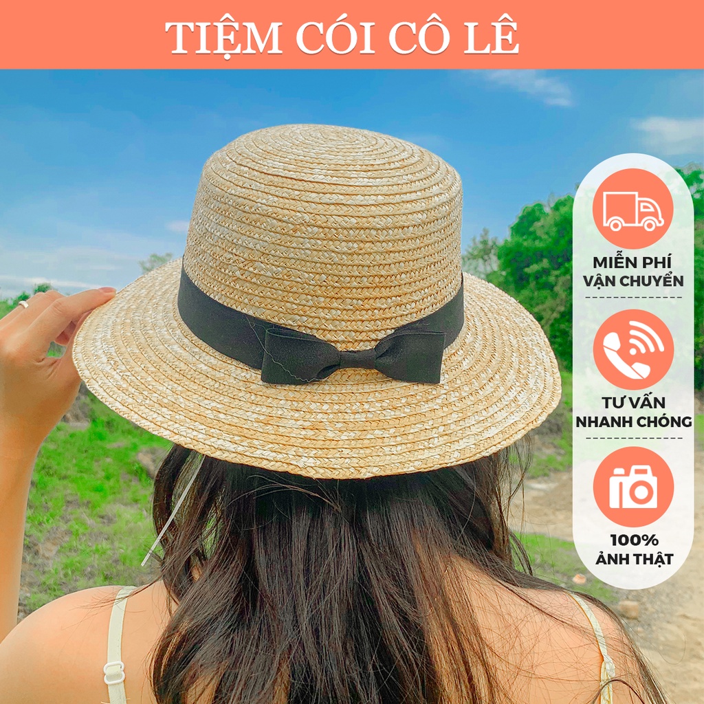 Nón cói gaucho nơ đen thời trang dùng cho bạn gái đi biển, chụp ảnh - Tiệm Cói Cô Lê
