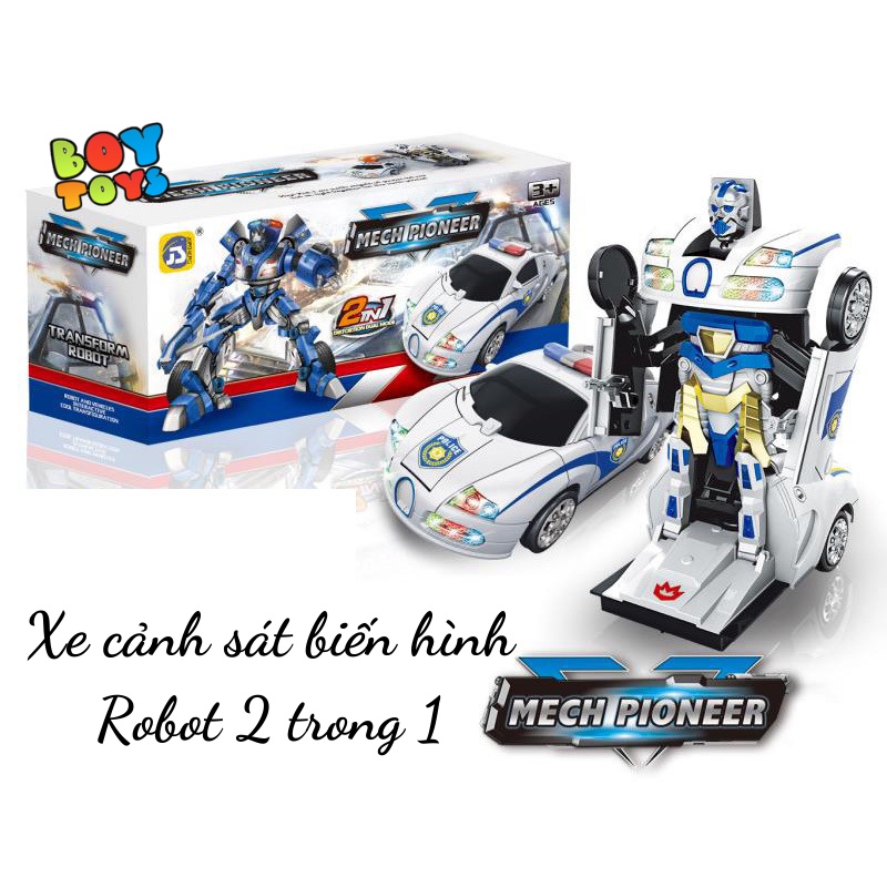 Xe ô tô cảnh sát biến hình Robot 2 trong 1 có âm thanh và đèn chiếu sáng vui nhộn, tự động tránh vật cản
