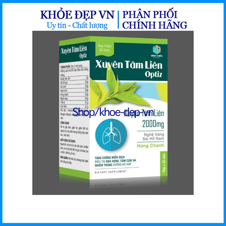 Viên uống Xuyên tâm liên Optiz 2000mg hỗ trợ giải cảm, giảm ho, hắt hơi - Hộp 30 viên