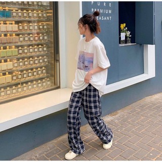 Set bộ nữ, set bộ áo ngắn quần dài. Áo tay lỡ quần caro unsiex hottrend basic