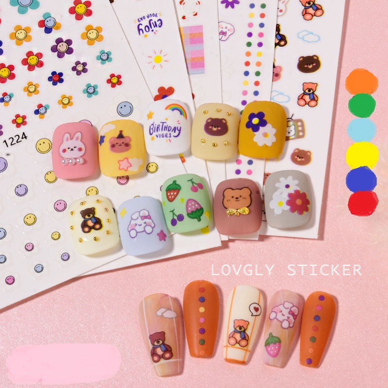 Sticker dán móng, stick nail hoạt hình gấu, sticker hoa nail