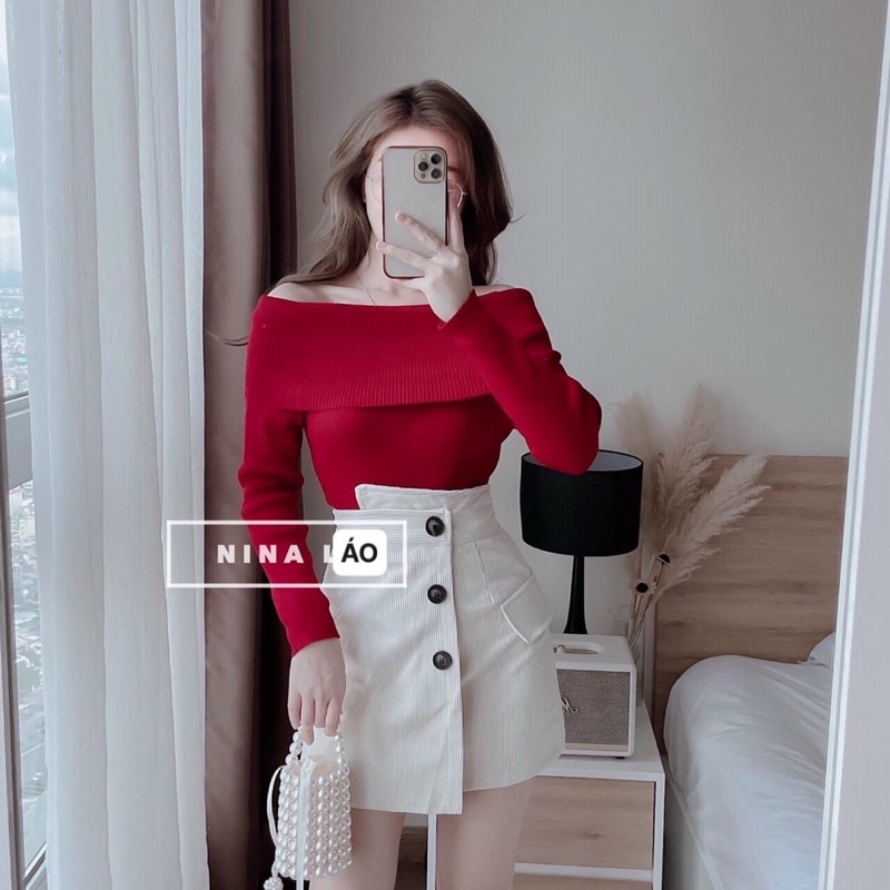 [Hàng hot]Áo bẹt vai tay dài ôm body chất len tăm-hình thật. alohashop91